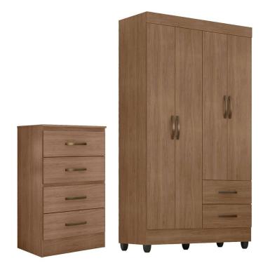 Imagem de Kit Guarda-roupa Solteiro 4 Portas E Cômoda 4 Gavetas Lisa Carvalho Oak
