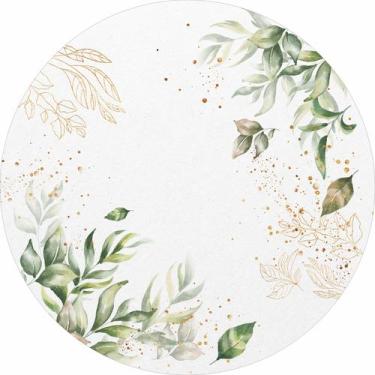 Imagem de Painel de Lona Redondo Folhas Aquarela Verdes Silhuetas Douradas e Gli