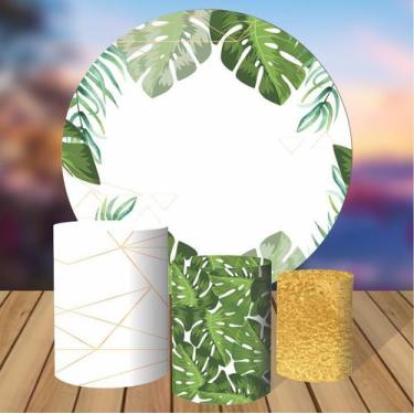 Imagem de Kit Trio De Capas Cilíndricas + Painel de Tecido Redondo Folhas Tropic