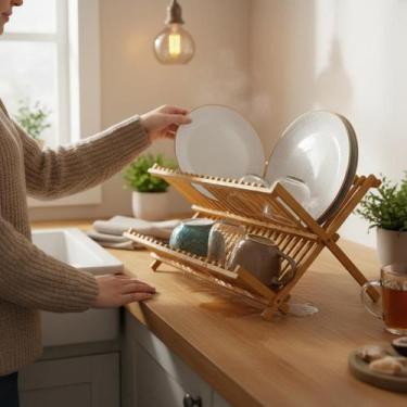 Imagem de Escorredor de Pratos Dobrável em Bambu Natural, 2 Andares, Compacto e 