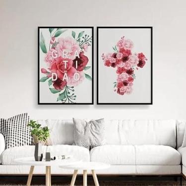 Imagem de Kit 2 Quadros Gratidão E Cruz Flores 24X18 C/Vidro - Preta - Quadros O