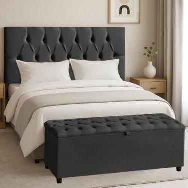 Imagem de Cabeceira Casal Paris Estofada Painel com Recamier Baú 130cm para Cama
