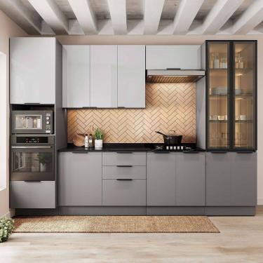 Imagem de Cozinha 6 Peças com Paneleiro para Forno e Micro-ondas com Vidro Fumê e Iluminação Lumina Cinza