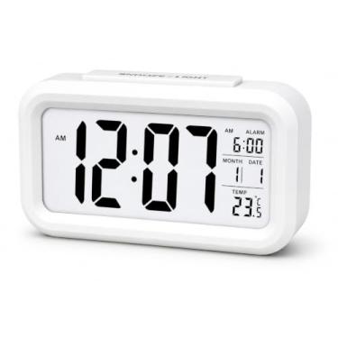 Imagem de Henniu Relógio de Mesa Despertador digital inteligente com botão de soneca de data e temperatura na parte superior retangular operado por bateria com luz noturna para quarto Crianças - Branco