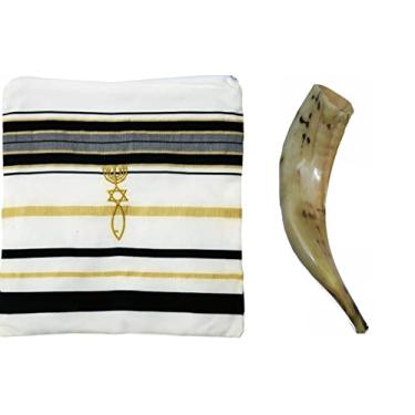 Imagem de Shofar De Carneiro + Talit Messiânico Azul - Original De Israel