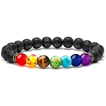 Imagem de MAXBROTHERS Pulseira de 7 chakras, pedra de lava natural, pedra vulcânica, pedra de ágata vermelha, âmbar, pedra olho de tigre, pedra rei verde, turquesa, lápis-lazúli e ametista.