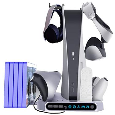 Imagem de Suporte de carregamento para PS5 e PSVR2 com Ventilador de resfriamento e Estação de carregamento com controlador duplo, Carregando seu controlador PS5 PSVR2, 3 portas USB e armazenamento de 10 slots para jogos retrátil, Acessório para o suporte do visor PS5 VR2