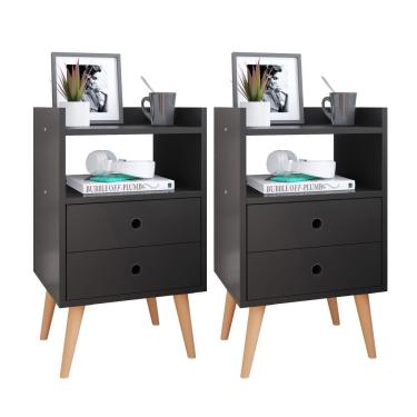 Imagem de Kit 2 Mesas de Cabeceira Mesinhas Quarto Com Nicho e Gavetas Retrô Dream Plus - Preto - Lojas RPM