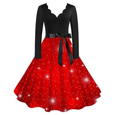 Imagem de UIFLQXX Vestido feminino clássico de Natal de manga comprida com decote em V, vestido com cinto, vestido de coquetel, vestido curto para noite, A2 - vermelho, P