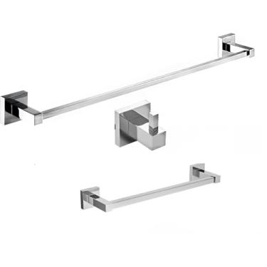 Imagem de Kit 3 Acessórios Banheiro Porta Toalha de Banho 63cm + Cabide Inox + Porta Toalha de Rosto 30cm Cromado