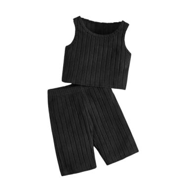 Imagem de SweatyRocks Conjunto de 2 peças de camiseta regata e shorts de malha canelada, gola redonda, sem mangas, Preto, 11-12Y