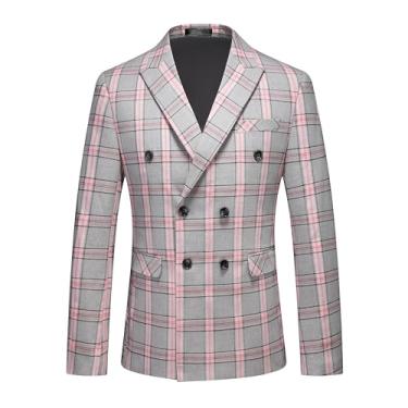 Imagem de MOGU Blazer masculino casual jaqueta slim fit xadrez esportivo, Trespassado, rosa, cinza, 34