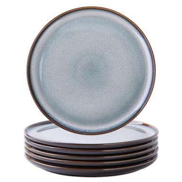 Imagem de LERATIO Conjunto de 6 pratos de jantar de cerâmica com esmalte reativo de 26 cm, conjunto de pratos de jantar de forma moderna para cozinha, micro-ondas, máquina de lavar louça e forno, resistente a arranhões, azul cinza