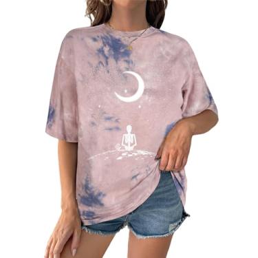 Imagem de SOFIA'S CHOICE Camisetas femininas grandes tie dye gola redonda manga curta casual verão, Caveira de lua rosa azul, M