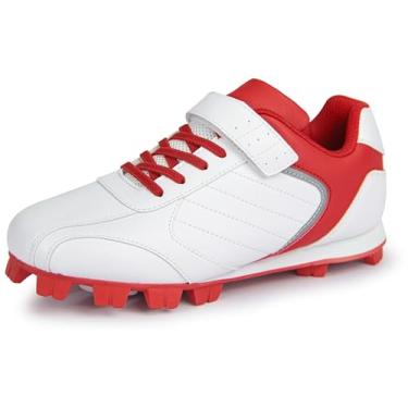Imagem de Sooneeya Chuteira de beisebol infantil – chuteira de softbol moldada de borracha juvenil – Tênis esportivo de cano baixo para meninos e meninas, Vermelho, 15