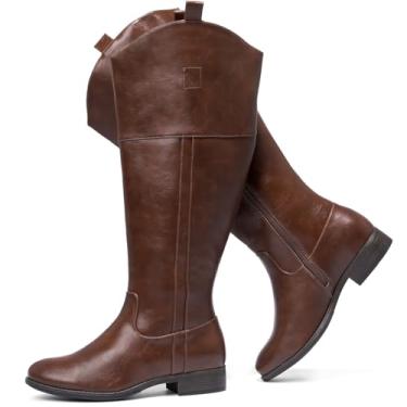 Imagem de Luoika Botas femininas extra largas na altura do joelho, botas de cano alto Western Cowyboy Cowgirl, plus size, larga, salto baixo, botas de inverno e outono., Brownpu201, 8 X-Wide