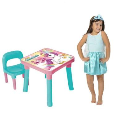 Imagem de Mesa Infantil Didática Unicórnio +Fantasia Princesa Rapunzel - Monte L