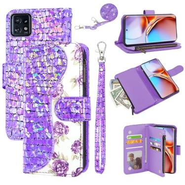 Imagem de Dibosom Capa carteira floral para Motorola Edge+ Plus 2023/Edge 40 Pro 5G/Moto X40 com alça de pulso, alça de ombro flip com zíper, porta-cartões, capa de celular com glitter para X + roxo