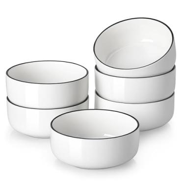 Imagem de MALACASA Tigelas de cereais de 680 g, tigelas de aveia para sopa de porcelana, conjunto de 6, tigelas de cerâmica de cozinha branca com borda preta, segura para lava-louças, micro-ondas, branca, série