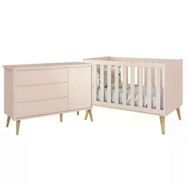 Imagem de Jogo De Quarto Infantil Theo Cômoda E Berço Rosa Fosco Com Pés Madeira Natural - Reller Móveis Rosa Fosco