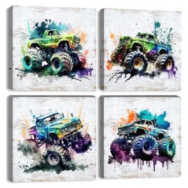 Imagem de Arte de parede em tela Monster Truck para meninos decoração de quarto de meninos pôsteres de carro vintage para quarto de meninos sala de jogos decoração de parede veículo aquarela decoração de parede