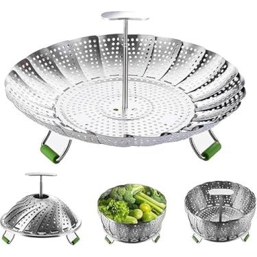 Imagem de Cesta de vapor, cesto vaporizador de vegetais para cozinhar em aço inoxidável dobrável com alça central extensível, expansível para servir em vários tamanhos (17,78 cm a 27,94 cm)