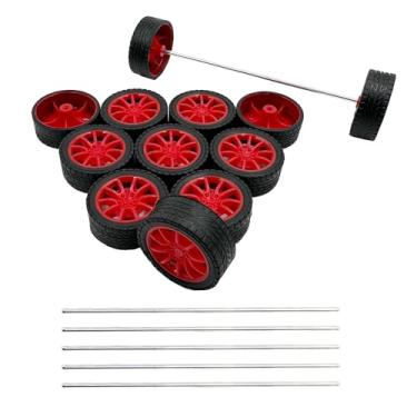 Imagem de 12PCS Toy Car Wheels 30mm Model Car Rubber Tire Wheels with 6PCS Shaft Round Axles for for RC Car Truck Robot DIY Model Toy Building Project Accessories (Red)