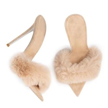 Imagem de UNWRBD Sandálias femininas de pelúcia de 12 cm de tamanho grande, bico fino, quente, estiloso, salto alto