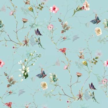 Imagem de VEELIKE Papel de parede azul claro chinoiserie vintage borboletas floral descascar e colar papel de parede para quarto banheiro 48 cm x 395 cm papel de parede floral removível pré-colado papel de