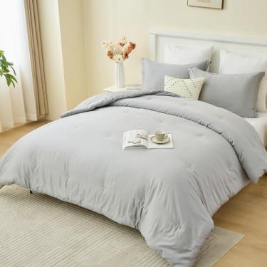Imagem de Finlonte Conjunto de edredom King, 100% algodão, edredom fofo, edredom acolchoado de cor sólida, leve para cama king size, 264 cm × 228 cm, 3 peças, cinza