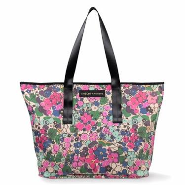 Imagem de AMÉLIN ARCHIVE Bolsa feminina de lona dupla face inspirada no vintage, bolsa de lona com bolso e alças de nylon, floral, Floral