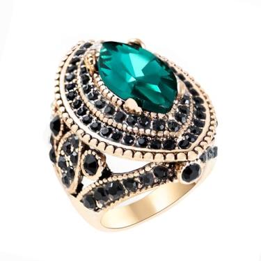 Imagem de CKHAO Anel feminino - 32 mm tamanho grande banhado a ouro antigo estilo turco verde preto pedra preciosa anel vintage joias femininas J0769GreenBlack, Resina de cristal de liga, cristal e resina