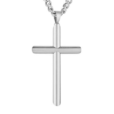 Imagem de HZMAN Colar de cruz grande masculino de aço inoxidável polido pesado grande pingente de cruz cristã joia presente 7 mm corrente cubana, Aço inoxidável, Sem Pedra Preciosa