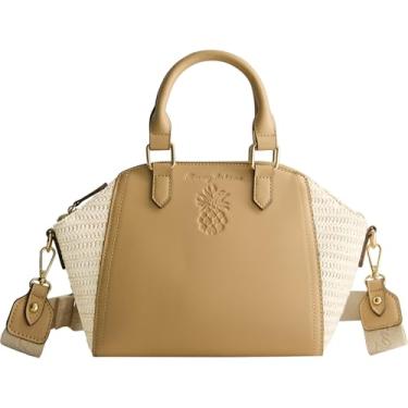 Imagem de Tommy Bahama Bolsa de sela, bolsa transversal feminina com logotipo em relevo e alça de ombro ajustável, bege
