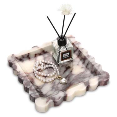 Imagem de Bandeja decorativa quadrada de mármore com borda recortada, bandeja de banheiro de pedra de Calcutá natural de luxo, bandeja de pia de café para perfume de cômoda, anel de bugiganga para chave