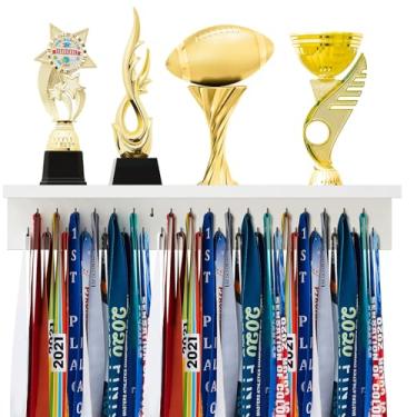 Imagem de Threehoney Prateleira de suporte de troféu para exibição de medalha de madeira com ganchos 25/37/49/65, suporte de fita para parede, presente de Natal para prêmios de ginástica, corrida e futebol (61