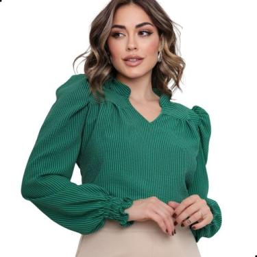 Imagem de Blusa Manga Longa Bufante Gola V Listrada Feminina Social - G-Store, V