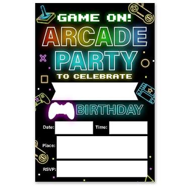 Imagem de VAHATAN Arcade Party Convites de aniversário 20 pacotes Neon Glow Retro Video Gaming Arcade Convites com Envelopes