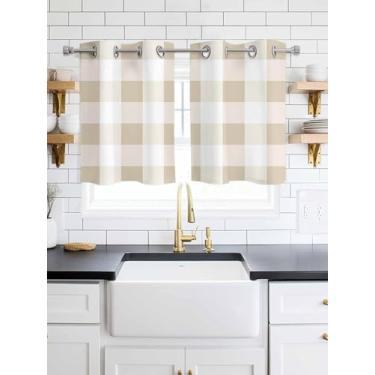 Imagem de Cortinas blecaute branco creme xadrez búfalo 99 cm comprimento 2 painéis, cortina de janela superior xadrez rústica para sala de estar/cozinha, cortinas geométricas modernas com isolamento térmico 70