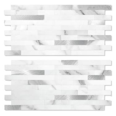 Imagem de Yipscazo 10 folhas de revestimento de metal de pedra descascar e colar, azulejos de parede de PVC colados em azulejos para cozinha, banheiro, lareira (15 x 30 cm, branco mármore)