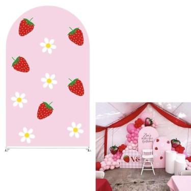 Imagem de HISDH Suporte de pano de fundo de arco de morango capas de chá de bebê crianças meninas rosa decorações de festa de aniversário arcos fundo capa de tecido frutas festa festas banquetes decoração banners 3X5FT