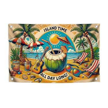 Imagem de Bandeira humorística de 9,5 x 1,8 m com 4 ilhós de latão - Bandeira dos sonhos da ilha - Vista do sol e do oceano - Citação no pôster "Hora da ilha o dia todo" - Banner decorativo para casa ou faixa