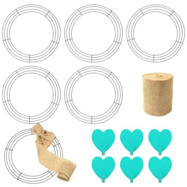 Imagem de Pacote com 6 anéis de guirlanda de arame em forma de guirlanda de metal de 25 cm para artesanato com 6 ganchos adesivos e serapilheira de 3,3 metros, decoração de casamento, Natal, Ano Novo, Dia dos