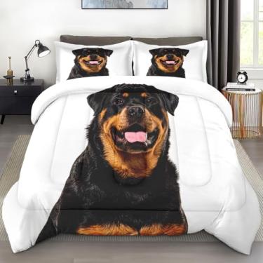 Imagem de Pamnest Conjunto de edredom tamanho casal, cachorro Happy Rottweiler, macio, 3 peças, para crianças e adultos, conjunto de edredom com 2 fronhas para decoração de cama de quarto