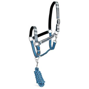 Imagem de Jeffers Conjunto de cabresto e corda de chumbo com cabeça de álamo, tamanho completo – Frente única ajustável de nylon acolchoado forrado com lã para cavalos – Equipamento de treinamento equestre para