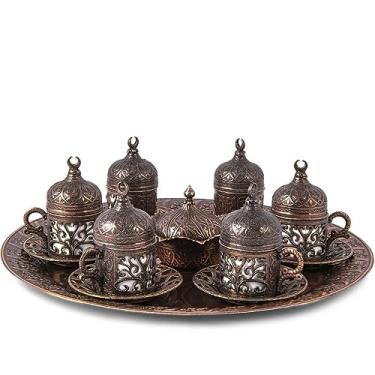 Imagem de Conjunto de 6 xícaras de café, conjunto de xícaras de café turco prateado, elegante conjunto de 6 xícaras de café de bronze, conjunto de 6 xícaras de café turco tradicional