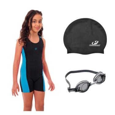 Imagem de Kit Maiô Macaquinho Natação Infantil Touca Silicone Grande + Óculos Uv (Preto/Turquesa - Preto, 10)