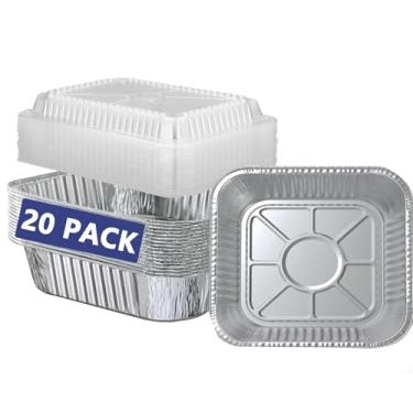 Imagem de JIUMO Pacote com 20 formas de alumínio de 20 x 20 cm com tampas de plástico transparente, formas quadradas de bolo de 20 cm, bandejas descartáveis de alumínio para assar, torradeira, preparação e