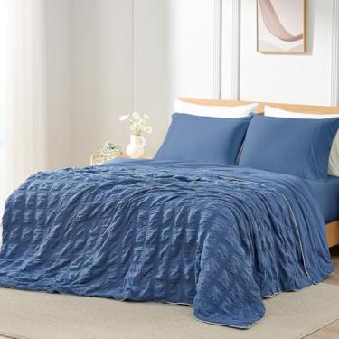 Imagem de Cozy Bliss Edredom refrescante Seersucker Xadrez King, Q-Max 0,4 Cobertor Reversível Leve Refrescante, Respirável Seda Suave Verão Colcha para Dormir Quente Suores Noturnos Azul Denim