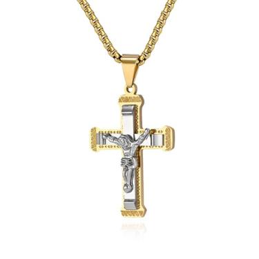 Imagem de Viskyna Colar com cruz para homens, aço inoxidável 316L, crucifixo de Jesus, pingente de joia religiosa cristã, Aço inoxidável, Sem Pedra Preciosa